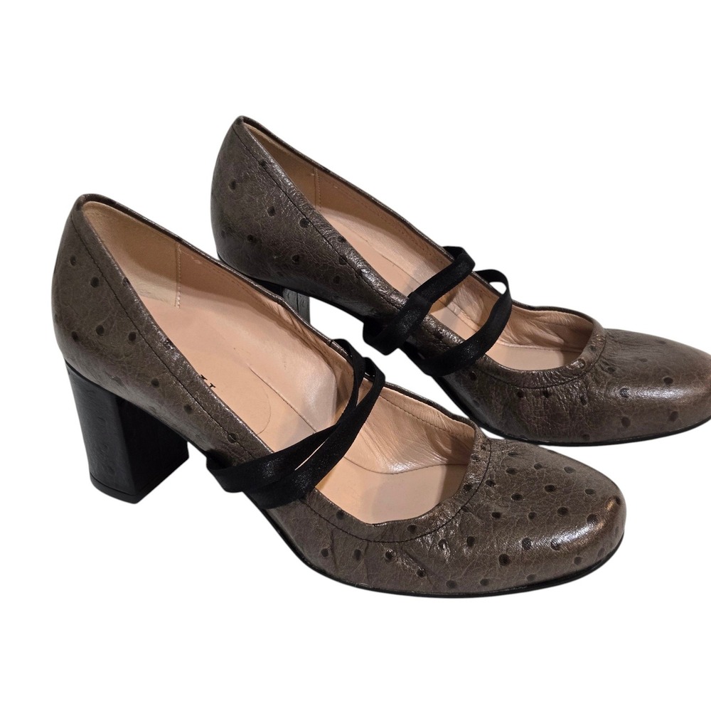 Anyi Lu Mary Jane Pumps 40 9.5  Bronze Ostrich Embossed Leather Block Heel Italy